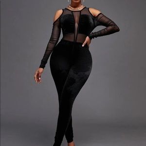 Velvet jumpsuit with mesh long sleeves